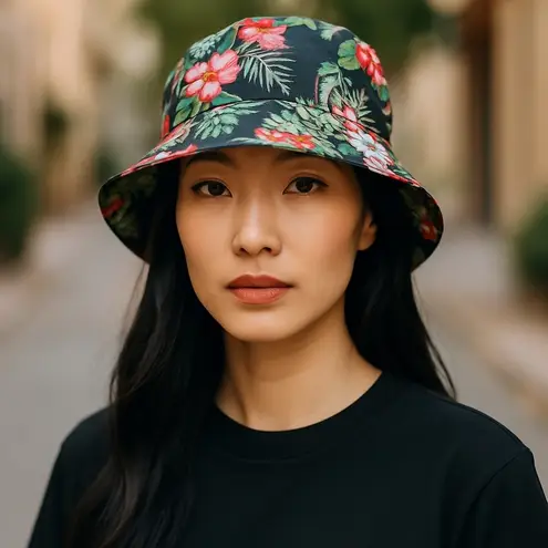 Lids Bucket Hat Floral Hawaiian Hibiscus Sun Travel Beach Cruise Headwear Brim Black