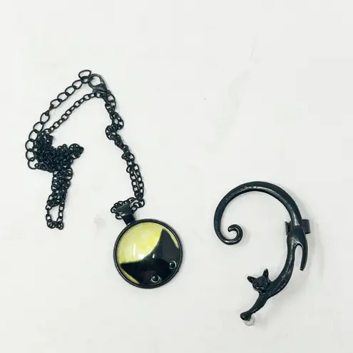 Black Cat Necklace and Ear Cuff Set Halloween Goth Dark Costume Jewelry
