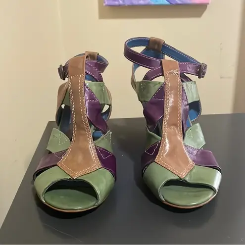 LAZIO COLLEZIONE Leather Green Purple Brown Bubba 2.5” Wedges $195 EUC 6.5