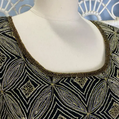 Papell Boutique Vintage 90s Evening Silk Beaded Top S Black Gold Holiday Glam