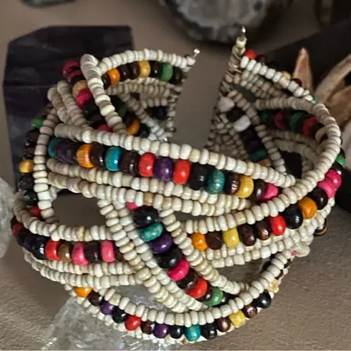 Multi Color Glass Bead & Wooden Beaded Cuff Bracelet