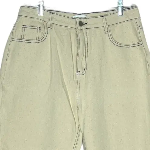 Miou Muse Women’s Jeans Size XL Ivory Stitched Washed Denim Fray Bottom Cuffed