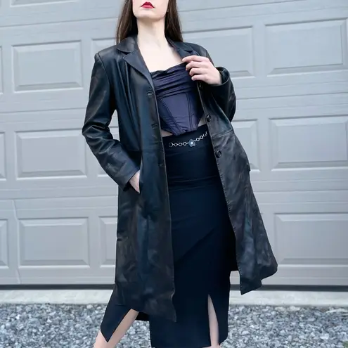 Vintage 90s Toppolino Black Soft Leather Long Duster Trench Coat Jacket M Size M