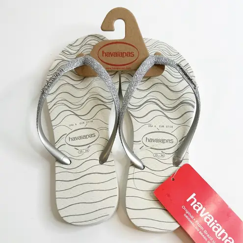 Havaianas NEW  Slim Bridal Glitter Flip Flops in White Bright Silver Women's 6