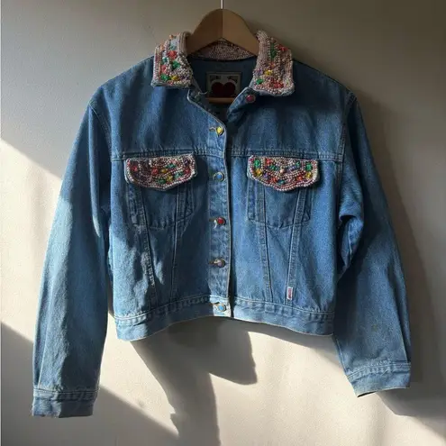 JouJou Vintage Beaded Denim Jacket and Mini Skirt Set Blue