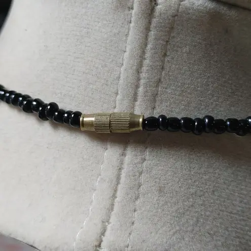 Brown Tan Horn Pendant Necklace Vintage Seed Beaded Strand Barrel Clasp Resin