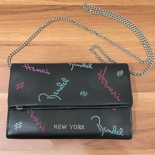 Henri Bendel Rare  Girls Nightout Embellished Bling Black Leather Chain Wallet