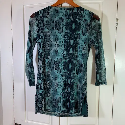 INC Sheer Snake Print Tunic Top Beaded Neck Teal Black Small Nylon Mesh Blouse Blue