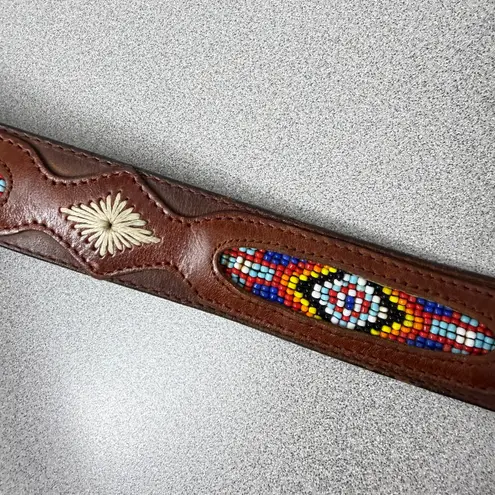 REI Beaded Leather Belt 30 Brown Colorful Stitched Western Southwest *No Buckle