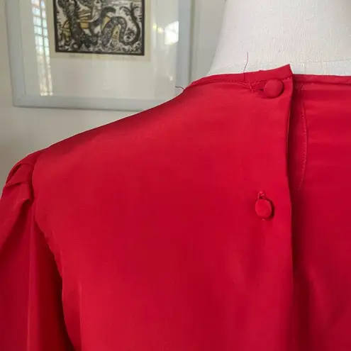 Vintage 80s Chaus Red Blouse Dark Grey Trim Asymmetrical Neck L Size L