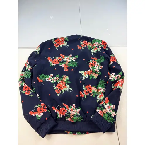 Zara Basic Floral Bomber Jacket Size XS Navy Blue Orange Green Flowers