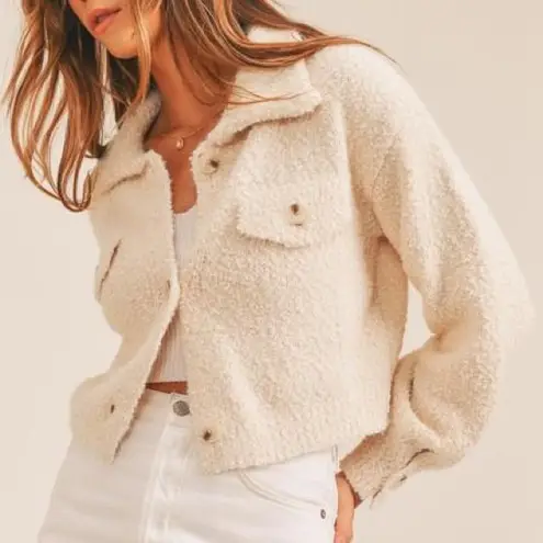 MABLE Textured Boucle Cropped Jacket Size Small Cream Button Front Long Sleeve