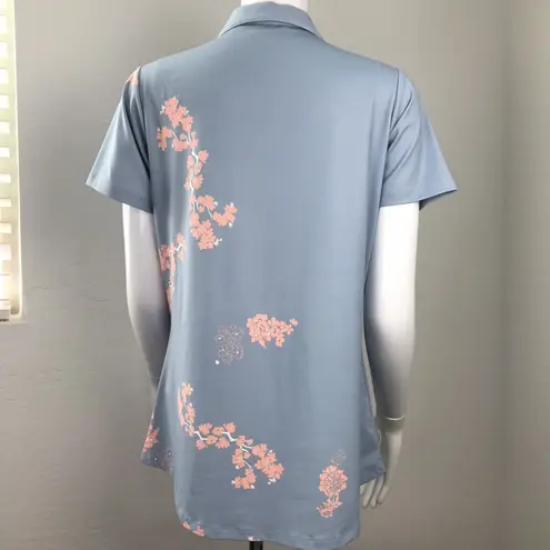 Heather Grey Women's Gray Cherry Blossom Flowers Short Sleeve Polo Top Size M
