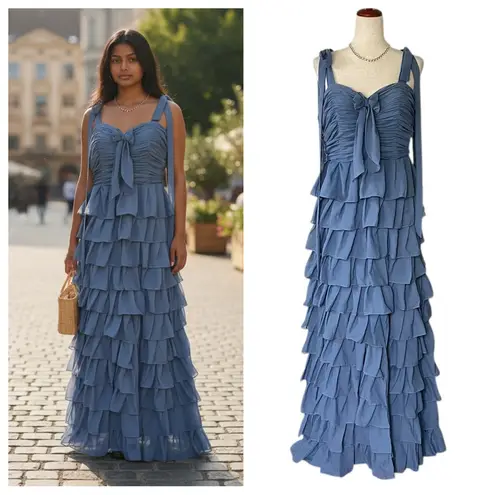 Amazon  Corset Back Tie Shoulder Tiered Ruffle Formal Dress with High Slit