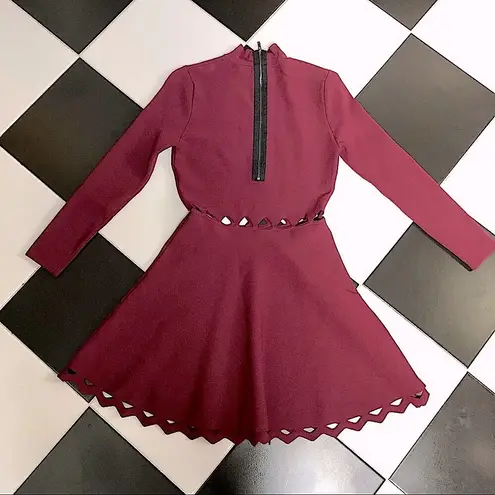 John + Jenn Maroon Burgundy Long Sleeve Fit & Flare Mini Dress Laser Cut Outs L