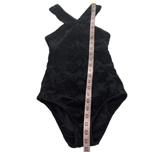 Shoshanna Black Embossed Stretch Eyelet High Neck One Piece Swimsuit Zero 0 XS
