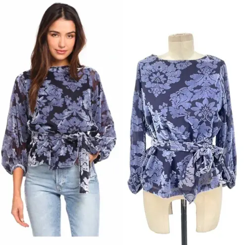 Yumi Kim Kiss and Tell Top Lapis Burn Out Velvet Blouse Blue Size Small