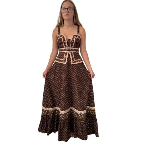 Gunne Sax 70's rare brown pink prairie maxi lace corset sundress cottagecore XS