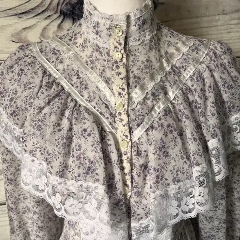 Gunne Sax Vintage 70s White & Purple Floral Ruffle Lace Prairie Cottage Dress