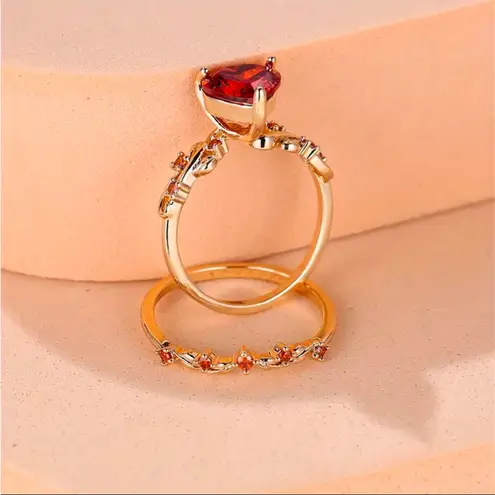 Heart Cut Red Zircon Gold Plated Engagement Ring Set Size 8 Bridal NWT