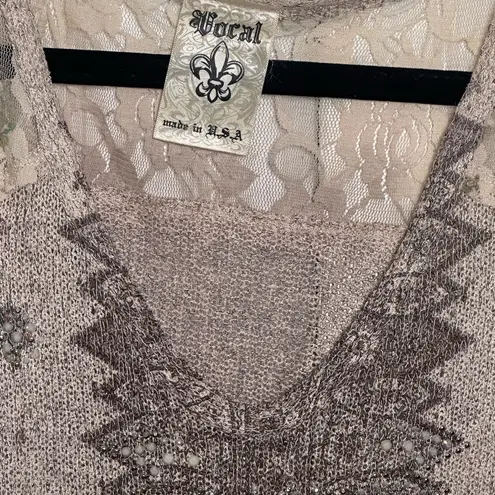 Vocal Apparel Mystic Shimmer Lace Tank in Beige Size Large Lightweight V Neck