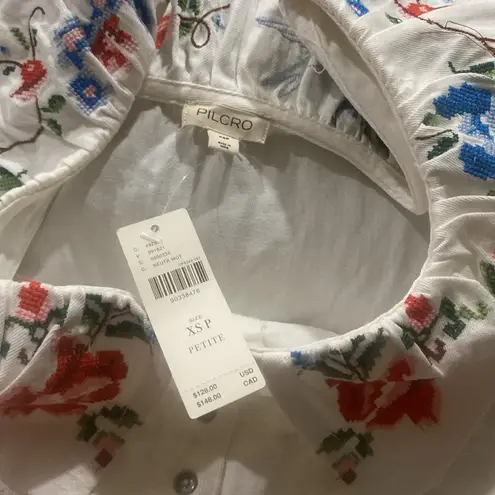 PILCRO FOR ANTHRO FLORAL NEEDLEPOINT EMBROIDERY BUTTON RUFFLE COLLAR COTTON CROP White Size XS