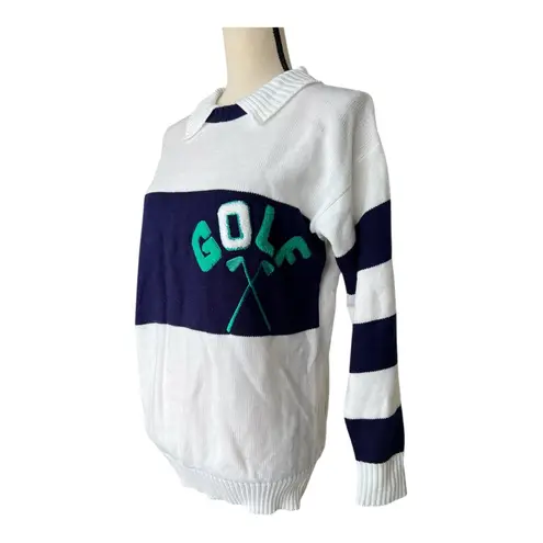 Vintage 80s Quantum Preppy Golf Navy and White Striped Sportswear Sweater Size S Blue