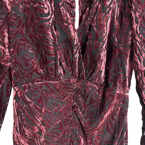 Ronny Kobo Wine Red Ruched Burnout Velvet Long Sleeve Midi Cocktail Dress 4