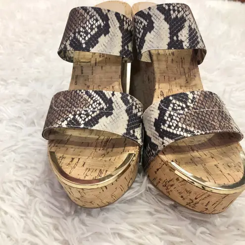 ALDO Double Strap Snakeskin Cork Wedge Heels 8