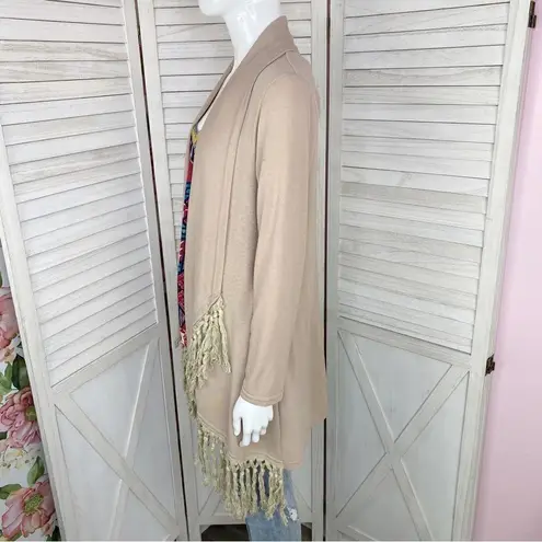 Boho Fringe Hem Waterfall Cardigan Knit Khaki Tan Small Open Front Long Sleeve