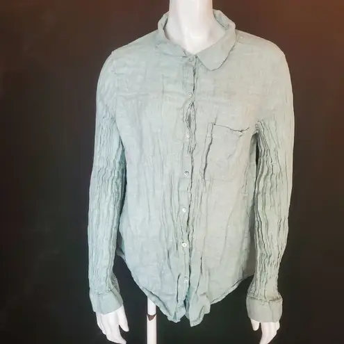 Tahari  Blue Linen Long Sleeve Button Down Top (XL)