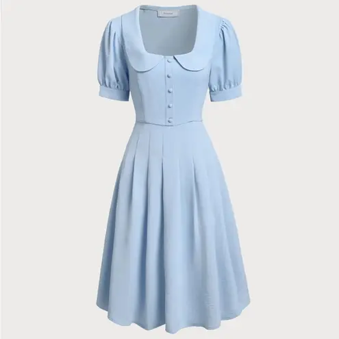 Rihoas Blue U Neck Puffed Sleeve Pleated Midi Dress Size XS