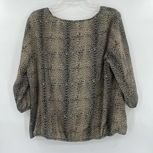 OLM Leopard Blouson Womens Top Sz 1X Peasant Cheetah Tie Neck Cross Over V