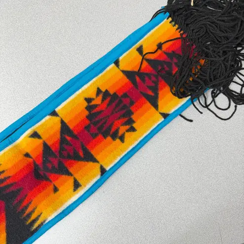 Aztec Blanket Scarf Chief Joseph Southwest Blue Orange Fringe 7x83" *Moth Holes