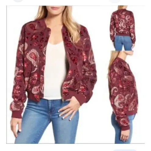 KAS New York Burgundy Velvet Paisley Ashlyn Burnout Bomber Jacket Size XS Purple