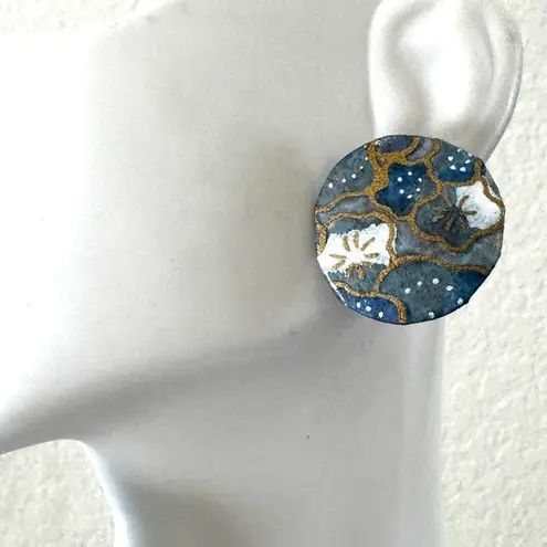 Blue hand painted round floral earrings