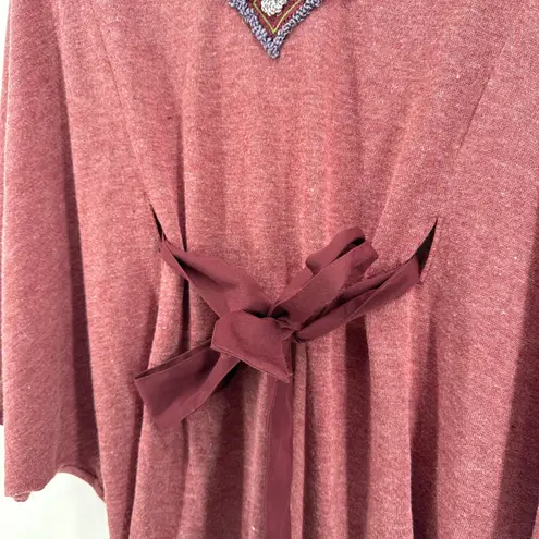 Sacred Threads Poncho Tunic Boho Embroidered Tribal Belted Burgundy Size Small - Image 5