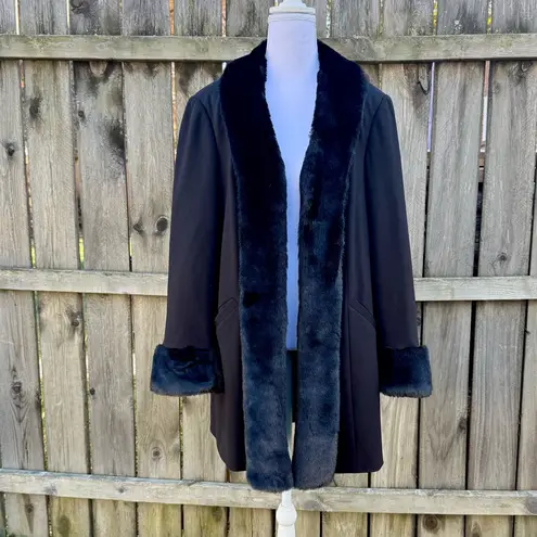 Vtg INC International Concepts Black Faux Fur Trim Coat Overcoat XL
