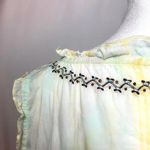 Vintage Y2K Tokyo Denim Bank Yellow Silk Hippie Embroidery Bead Tank Blouse Top Size M