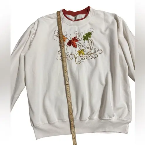 🍂 Cozy Fall Multicolor Leaf Embroidered Sweatshirt with Bead Embellishments 🍁 L White Size L