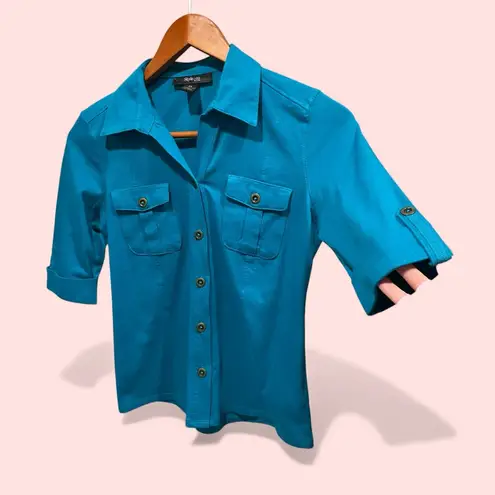 Style & Co Cute aquamarine lightweight roll sleeve pockets button front cotton top soft