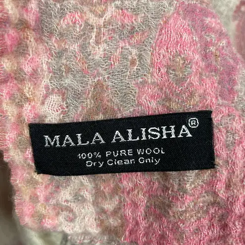 Mala Alisha Pink Cream Paisley Batik Print 100% Pure Wool Scarf with Gray Fringe