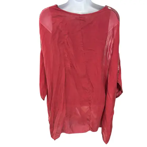Lola Made in Italy Red Sequin Embellished Sheer Batwing Sleeve Top Size S