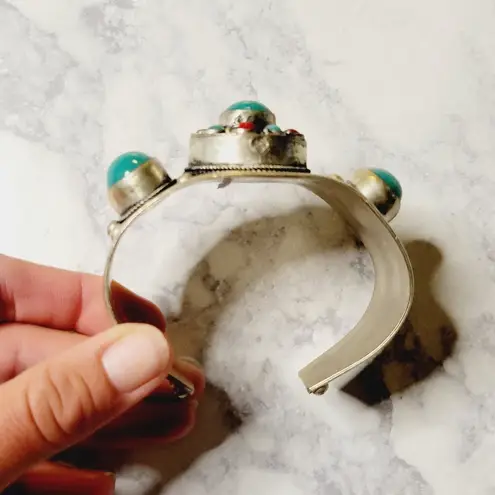 Tibetan silver turquoise coral cuff