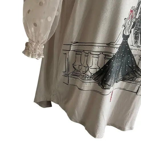 Love & Lace Women Top S Eiffel Tower Sheer Net Sleeve Paris Graphic Multi Media