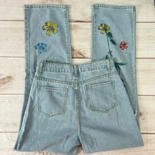 SheIn Destroyed Light Denim Sun & Tropical Flower Print High Rise Straight Leg Jeans