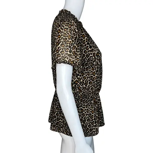 J.Crew  Shirt Womens Small Brown Cheetah Print Ruffle Neck Peplum Rockabilly Edgy