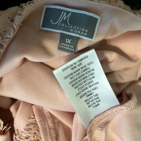 JM Collection Peachy W/ Lace Overlay Bell Sleeve Top Women’s 1X Fringed Hem Boho