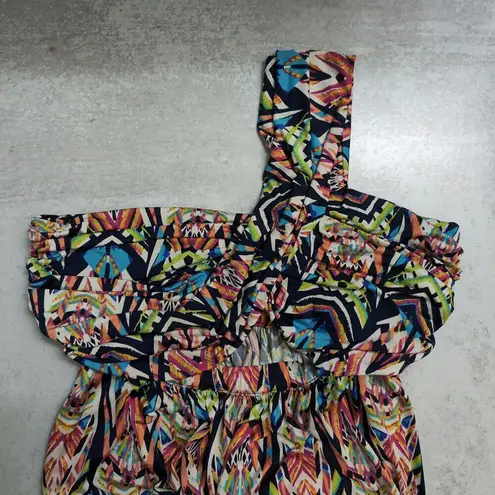 Tbags Los Angeles Multi Color One Shoulder Maxi Dress Abstract Print Cutout XS