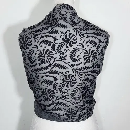 Cejon Black and Gray Textured Wrap One Size Sheer Scarf with Black Leaf Pattern